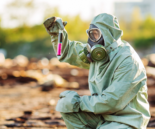 Person wearing hazmat suit, checking chemicals