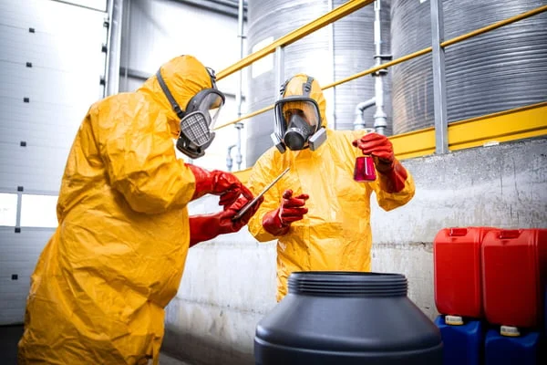 Pillar SDS Blog two workers in protective suits checking chemical 5